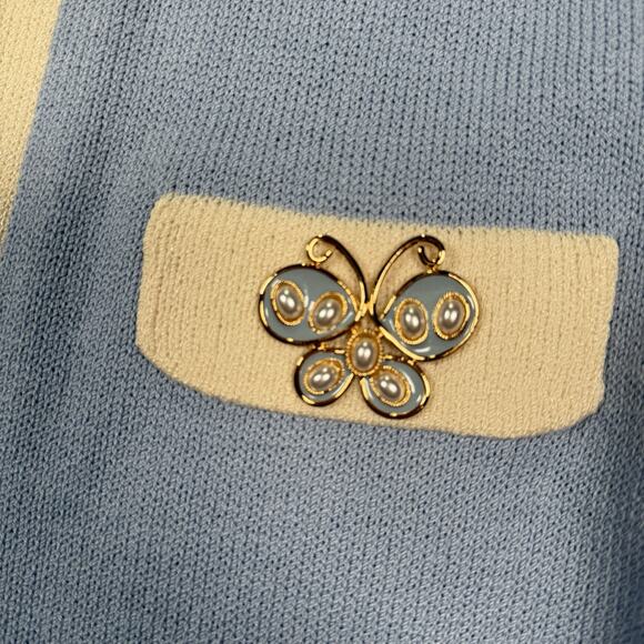 VTG St. John by Marie Gray Butterfly Cardigan Jacket Size Large Blue Cream Italy - Picture 2 of 8